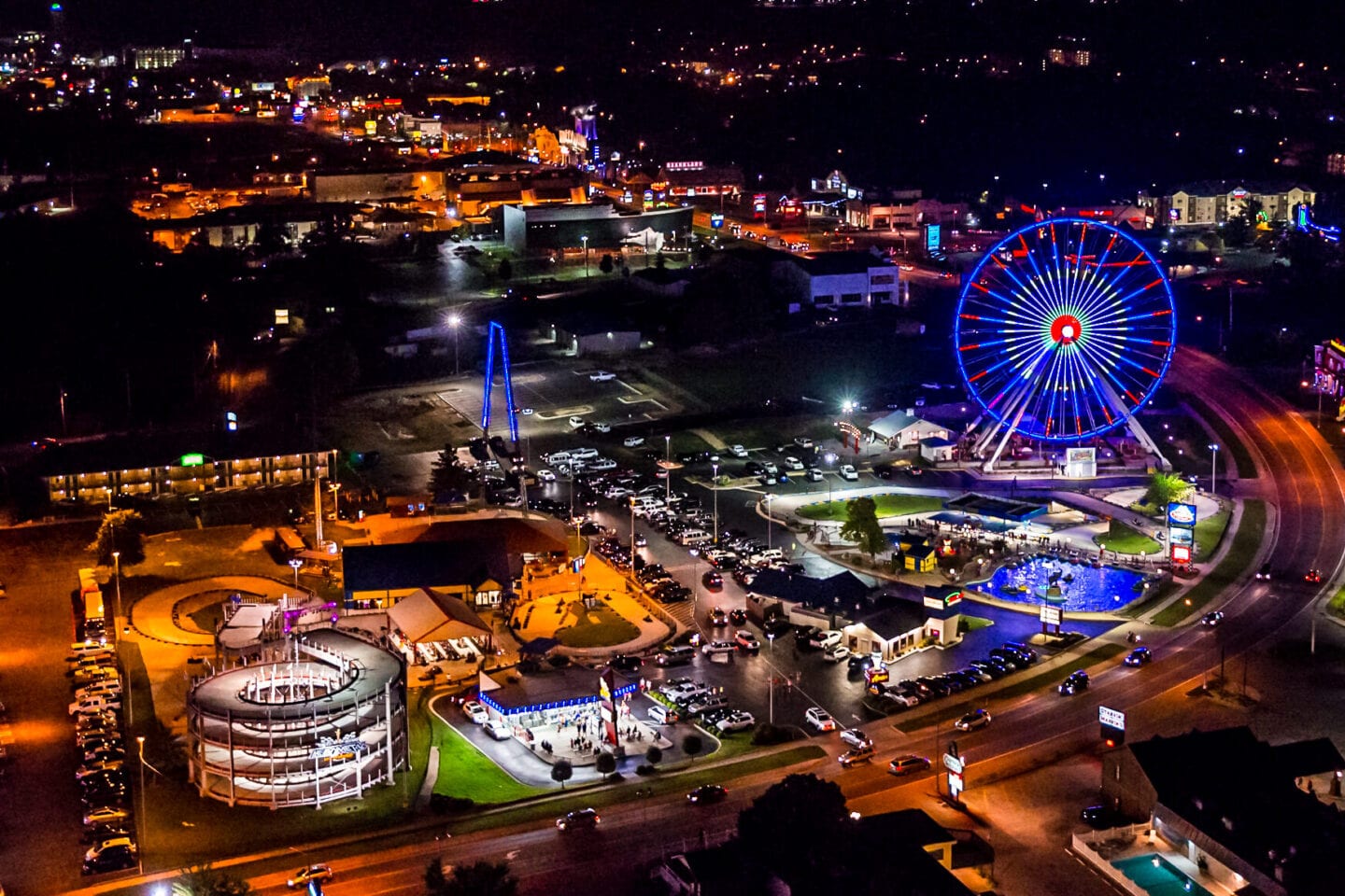 The Branson Strip after dark, looking down 76 Country Boulevard toward the Branson Ferris Wheel