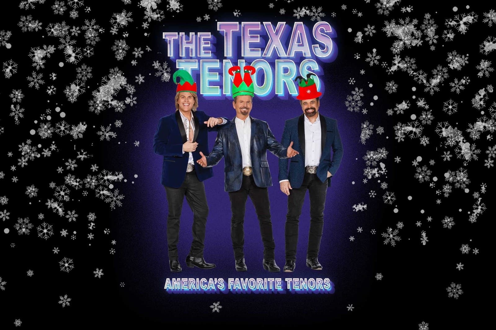 The Texas Tenors in elf and Santa hats for their Deep in the Heart of Christmas show in Branson