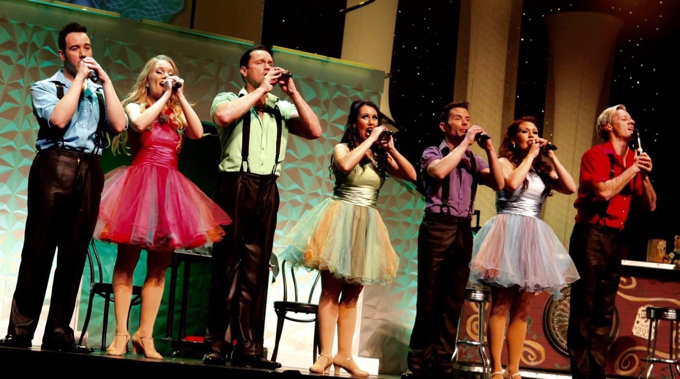 Dublin's Irish Tenors and The Celtic Ladies singing on stage at King's Castle Theatre in Branson
