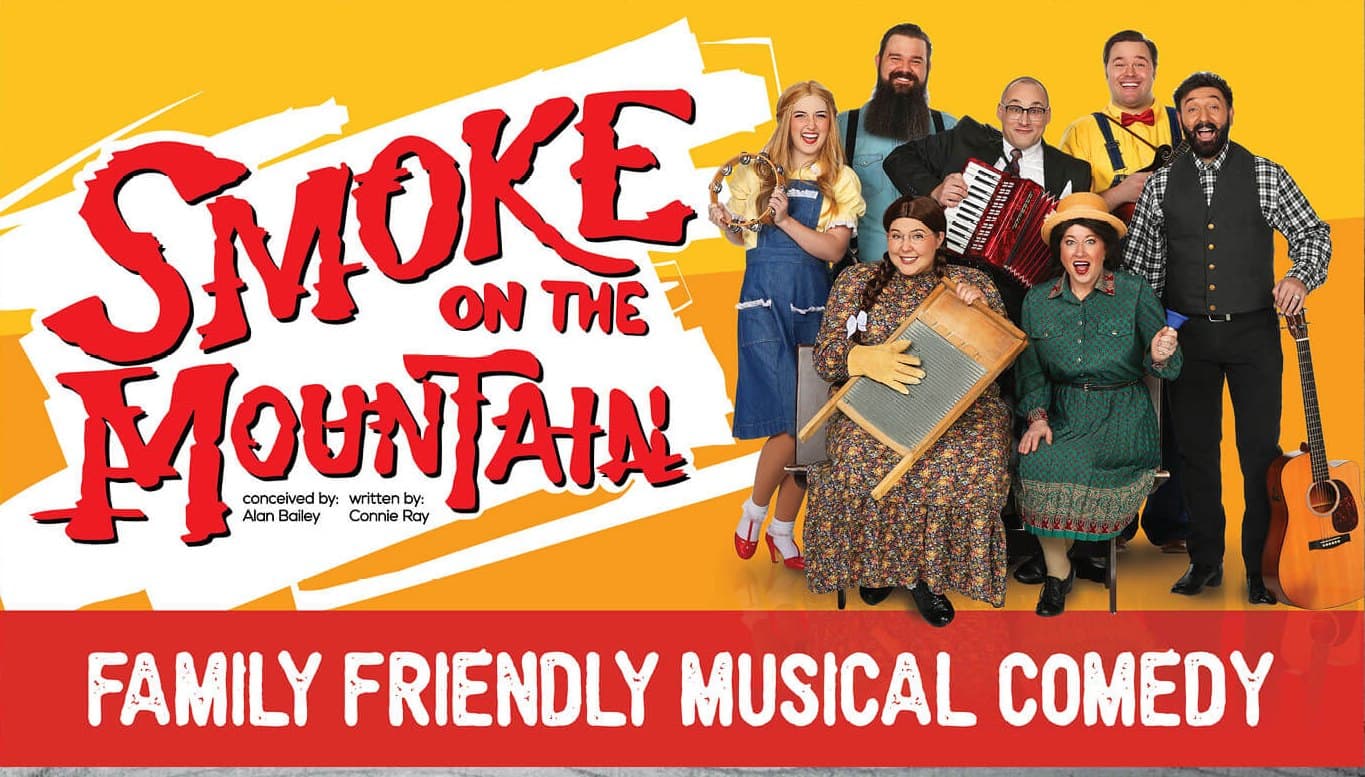 The Smoke on the Mountain cast in 1930s costumes with washboard, accordion, and guitar in Branson
